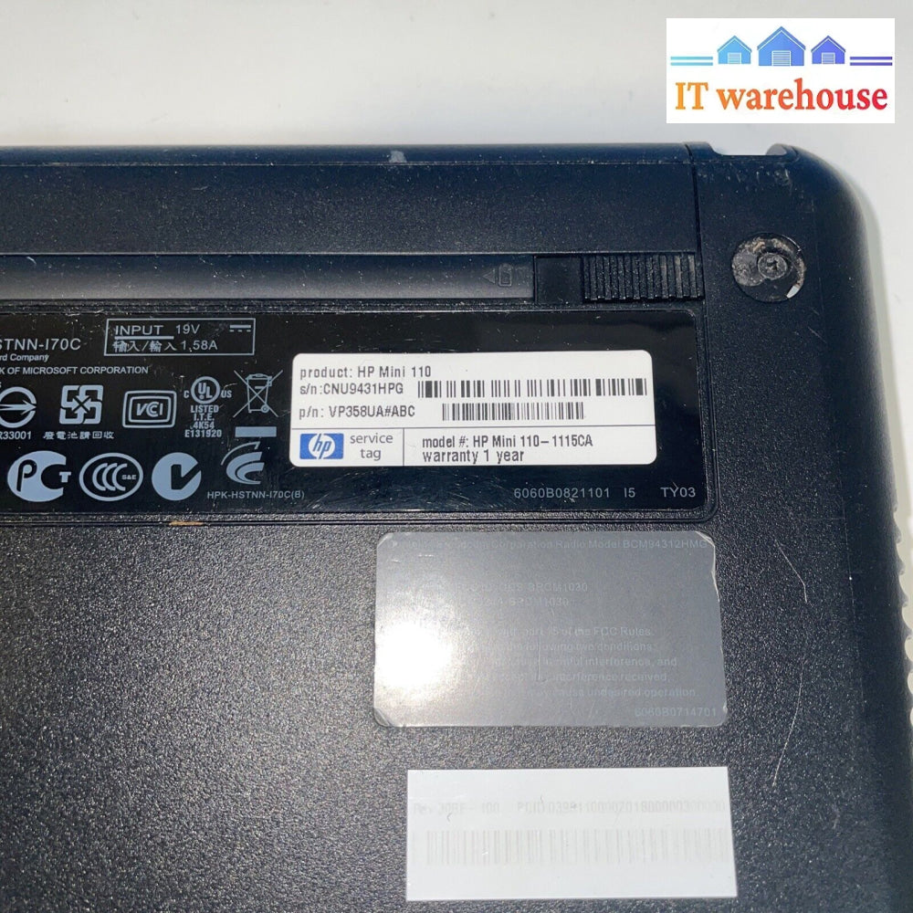 10.1 Hp Mini 110-1100 Atom N270 1.6Ghz 1G 160G Win7 Starter (Working Battery)