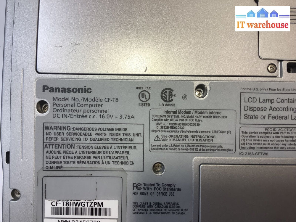 Panasonic Toughbook Cf-T8 12.1Laptop Intel C2D 1.6Ghz 3Gb Ram 250Gb Hdd Win 7