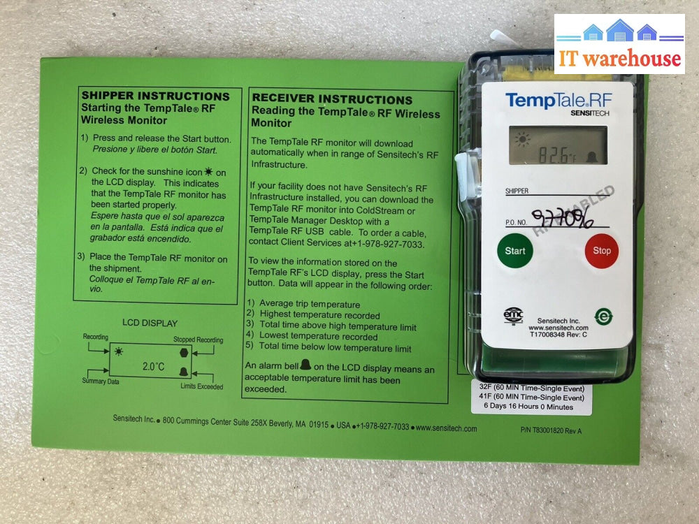 ~ Sensitech TempTale T17008348 Rev C Temptale Ultra Temperature USB  Datalogger