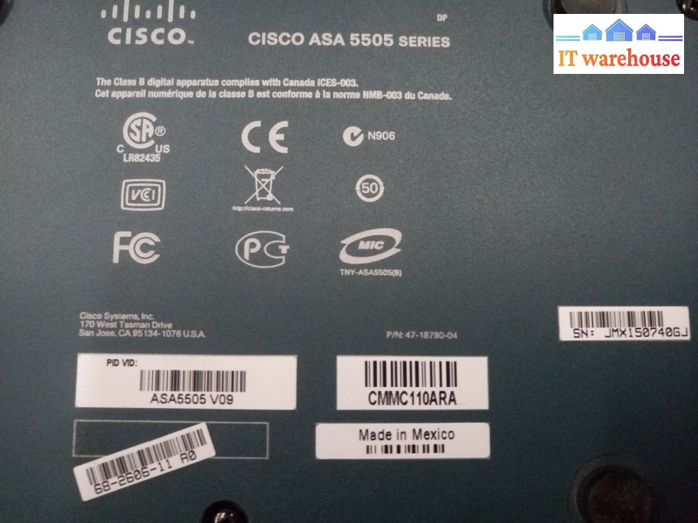 1 X Cisco Asa 5505 Securty Appliance Asa5505 W/ 10 User Base License