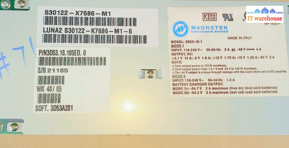 1 X Siemens Hipath Luna2 Power Supply S30122-X7686-M1 3D53-18-1 Magnetek (Qty)