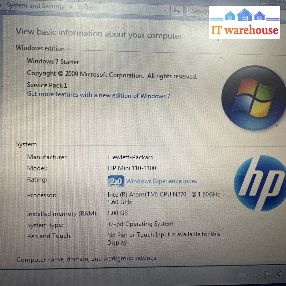 10.1’’ Hp Mini 110-1100 Atom N270 1.6Ghz 1G 160G Win7 Starter (Working Battery)