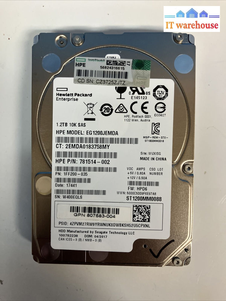 10X Hp Enterprise 1.2Tb Hdd 10K Sas 2.5’’ Eg1200Jemda Server Hard Drive 781514 ~