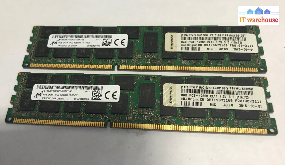 16Gb= 2X 8Gb Micron Mt36Jsf1G72Pz-1G6K1He 1600Mhz Pc3-12800 Ecc Reg Ddr3 Memory