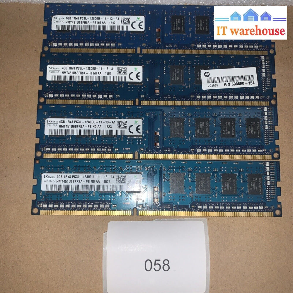 16Gb (4X4Gb) Sk Hynix Hmt451U6Bfr8A-Pb Pc3-12800U Ddr3 Desktop Memory