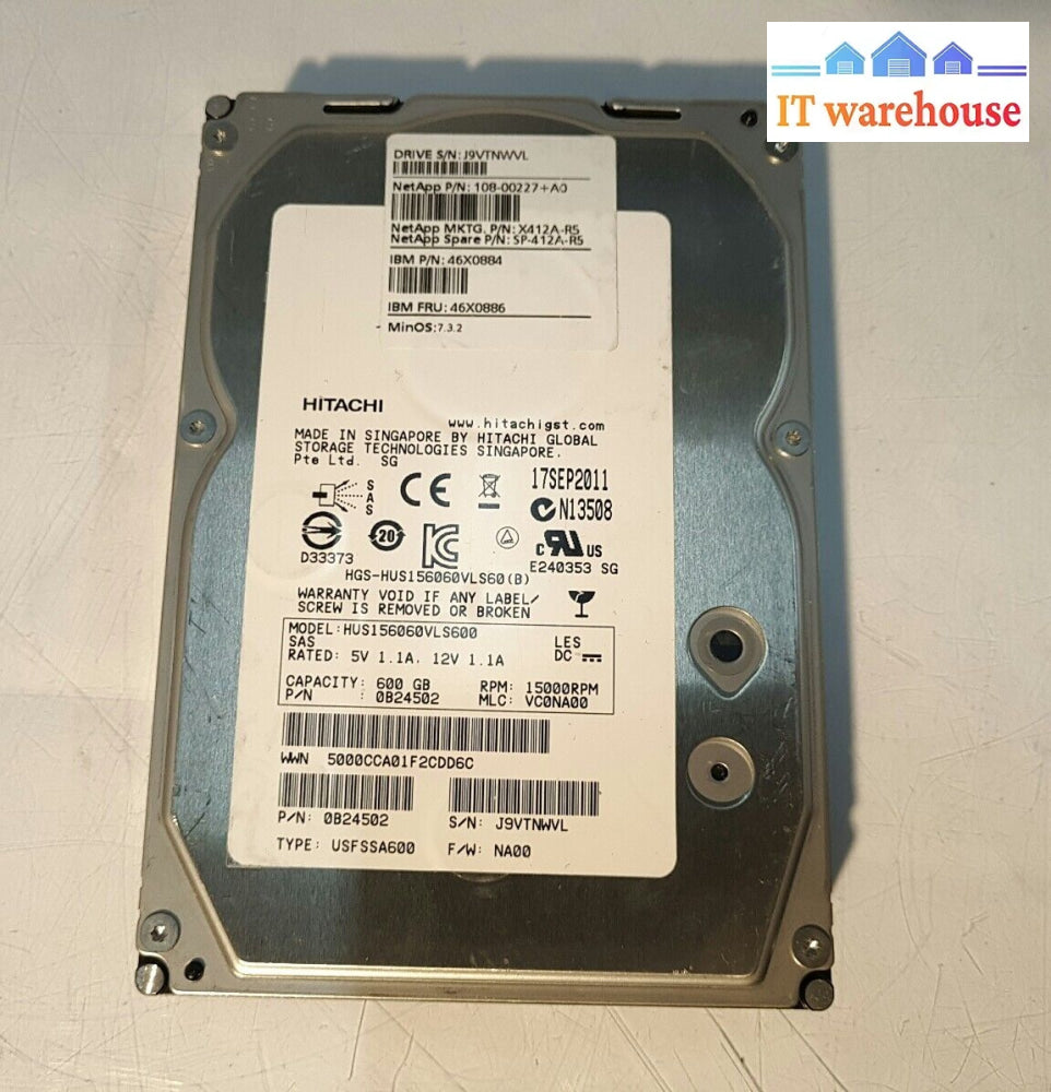 -1X Hitachi Ibm 600Gb 15K 3.5’ Sas Drive Hus156060Vls600 46X0884 46X0886