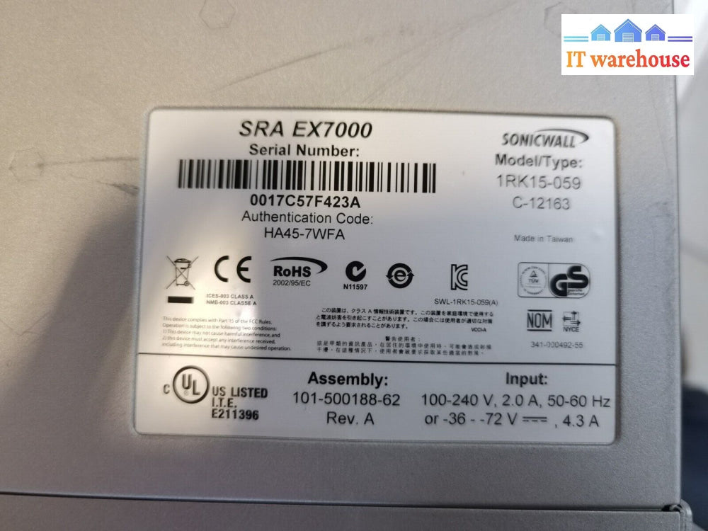 $ 1X Sonicwall Remote Access Sra Ex7000 1Rk15-059 000(No Hard Drive No Licence)