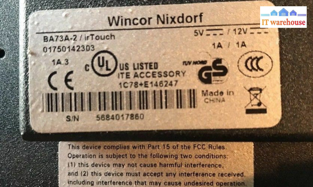 *1X Wincor Nixdorf Ba73A-2/Irtouch Lcd Flat Panel Pos Display 15’ Monitor (#13)