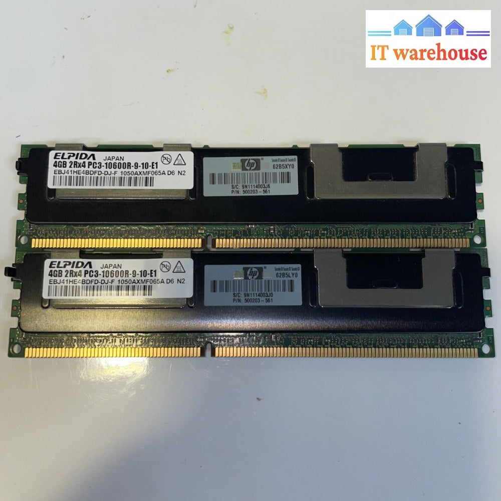 2× Elpida Ebj41He4Bdfd-Dj-F 4Gb 2Rx4 Pc3-10600 Ddr Ecc 240P Cl9 Memory