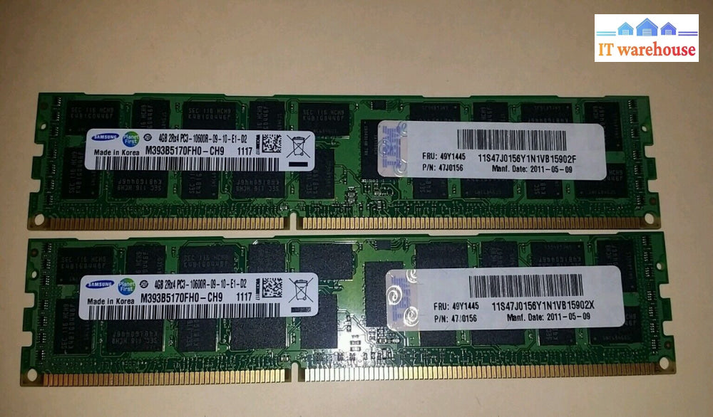 2 X 4Gb Ibm 49Y1445 Samsung M393B5170Fh0-Ch9 2Rx4 Pc3-10600R Reg Memory @