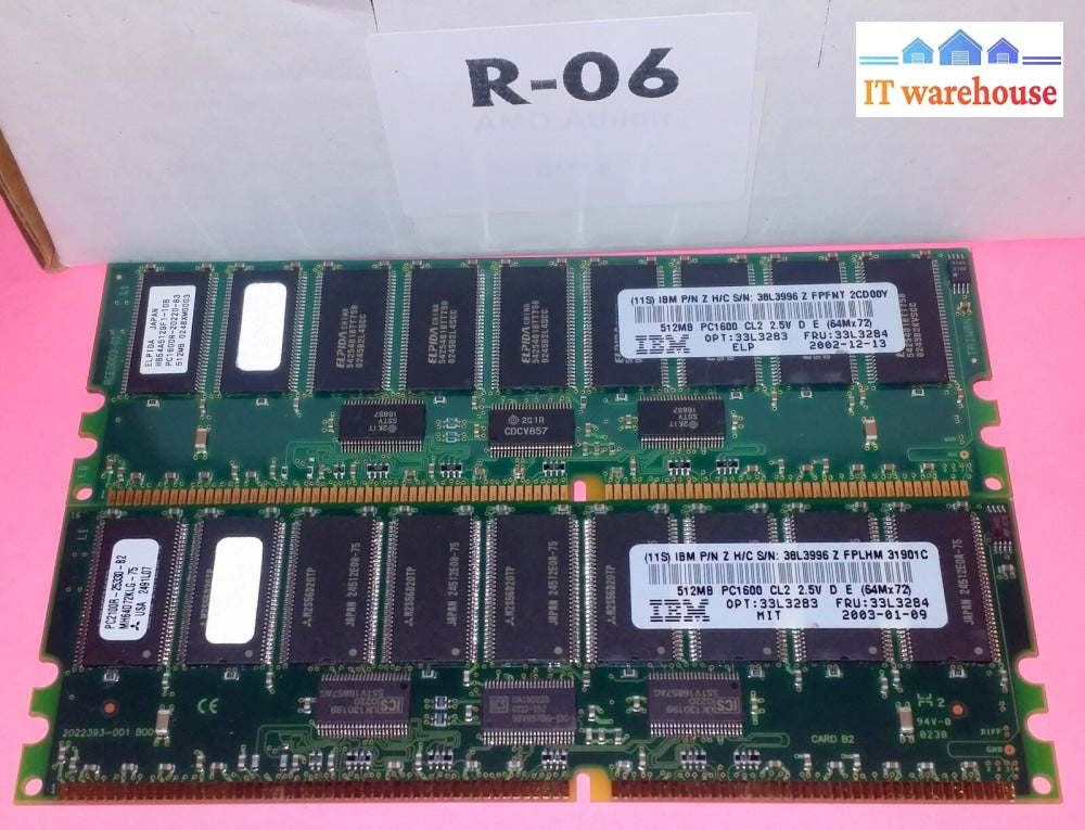 2 X Elpida 512Mb Ddr Pc1600 Ibm 33L3284 38L3996 Ecc Memory 2.5V