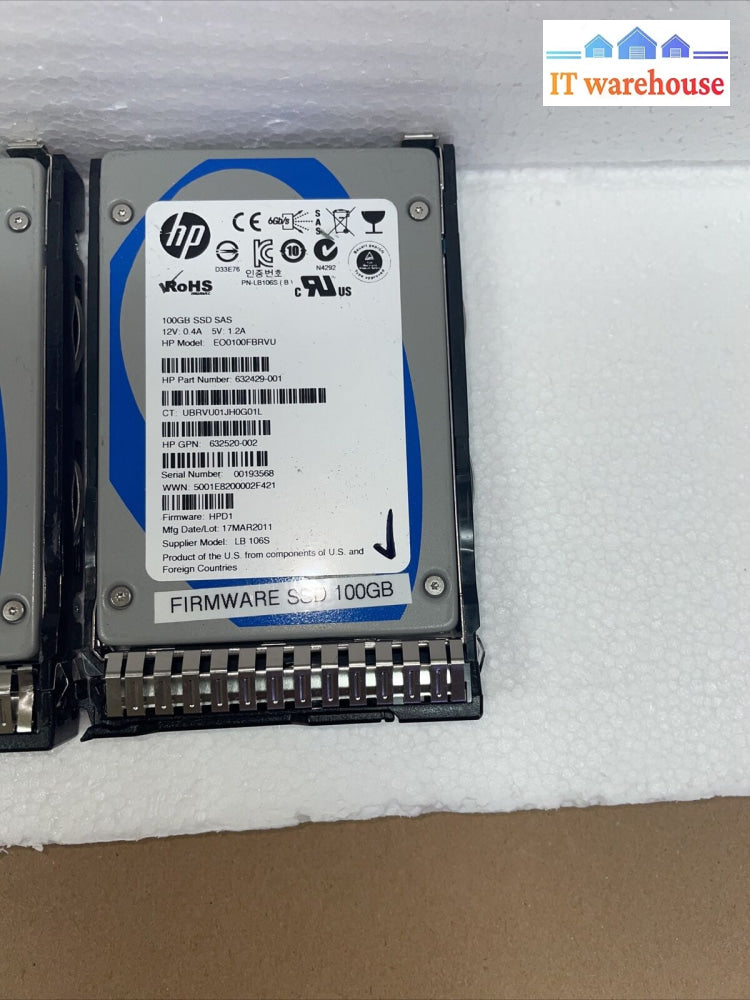 2 X Hp 100Gb Sas 6G 2.5’’ Solid State Drive 632429-001 (1000 Days Remaining)