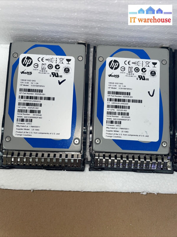 2 X Hp 100Gb Sas 6G 2.5’’ Solid State Drive 632429-001 (1000 Days Remaining)