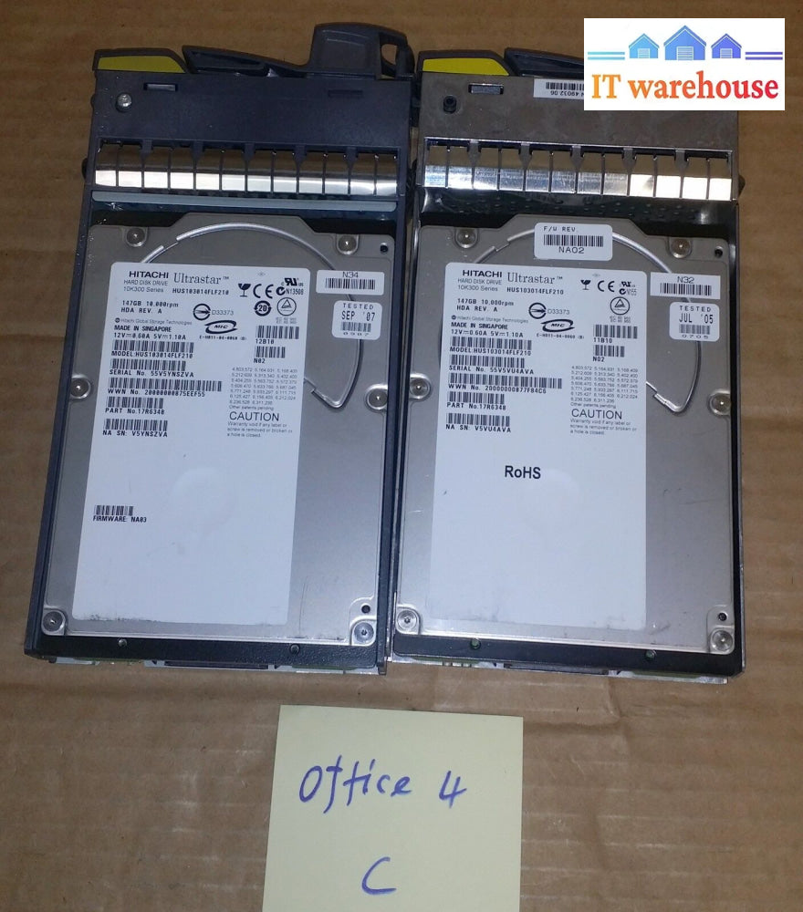 2 X Netapp 17R6348 Hus103014Flf210 147Gb 10K Fiber Hd Hda Rev A W/Tray108-00030