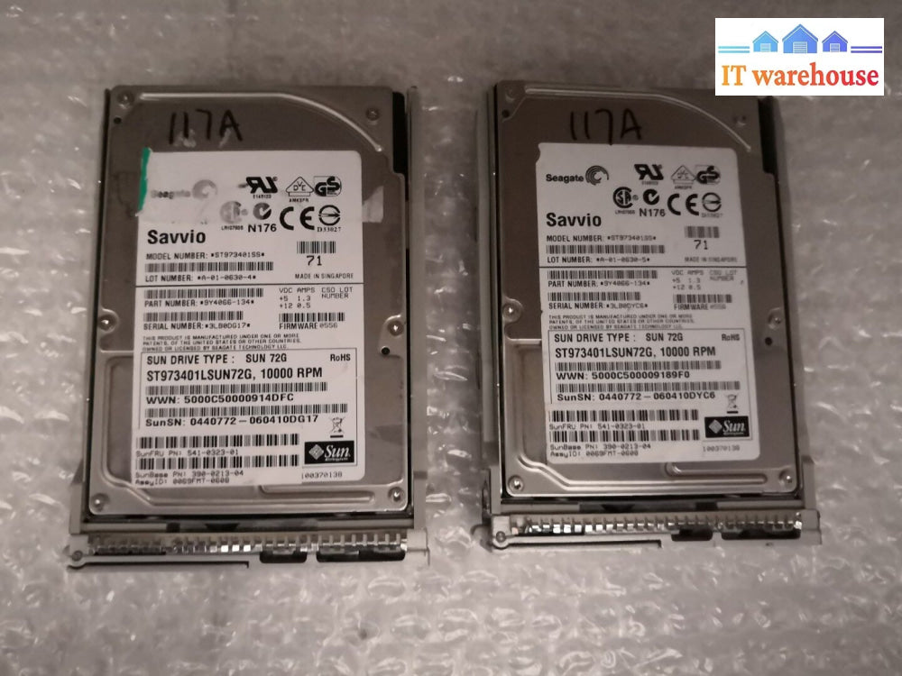 + 2 X Seagate Savvio 2.5’ 72Gb 10K Sas Hdd Hard Drive St973401Ss W/Tray