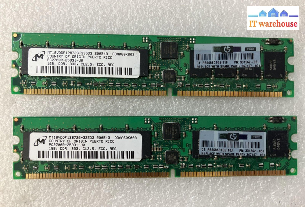 (2X 1Gb) Micron Mt18Vddf12872G Pc-2700R Ddr-333 Ecc Reg 184-Pin For Hp 331562 ~