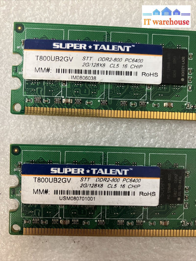 (2X 2Gb) Super Talent Ddr2-800 Pc2-6400 Cl5 Desktop Dimm Memory Ram T800Ub2Gv ~