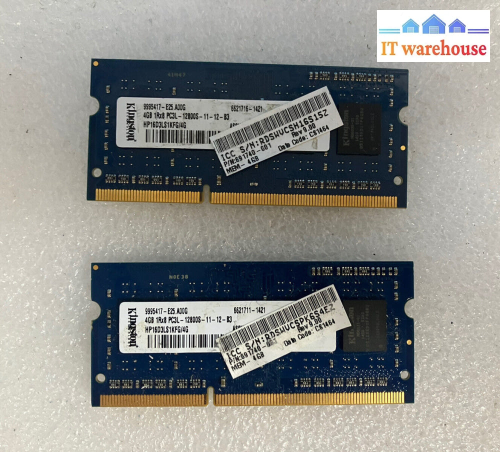 ~(2X 4Gb) Kingston 1Rx8 Pc3L-12800S Ddr3-1600 Laptop Sodimm Ram Hp16D3Ls1Kfg /4G