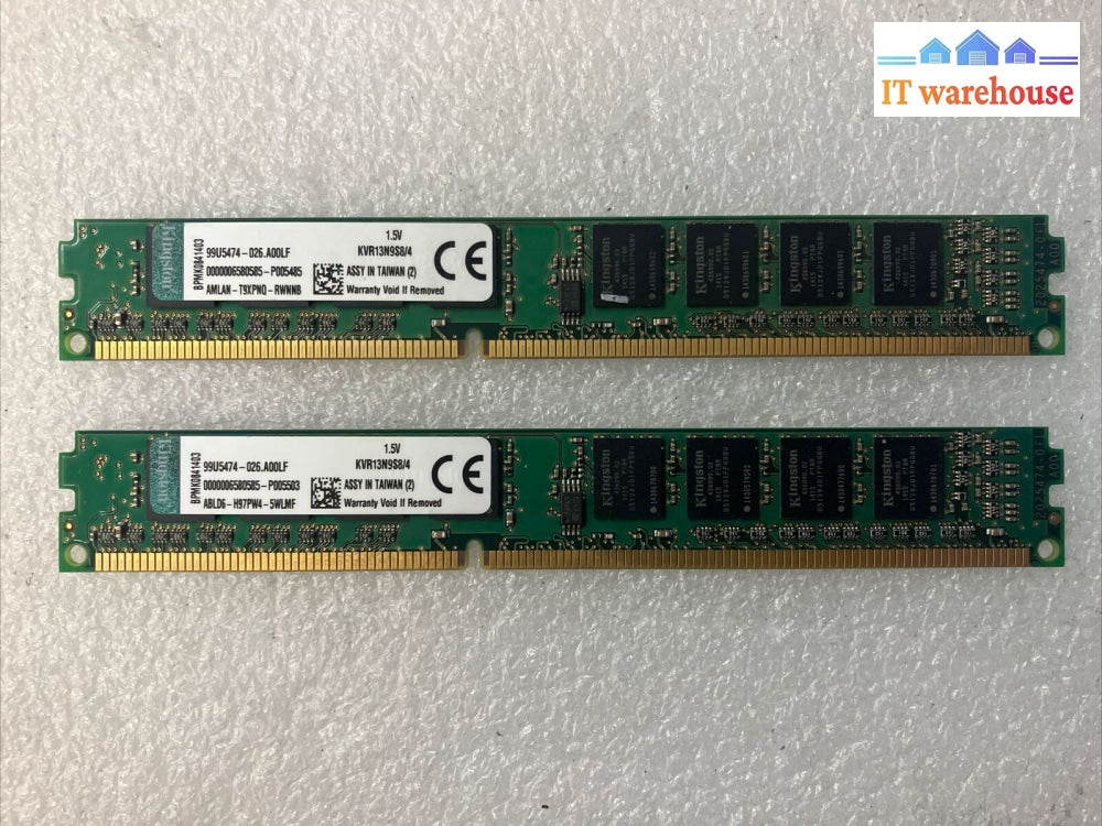 (2X 4Gb) Kingston Kvr13N9S8/4 Pc3-10600 Ddr3-1333 Low Profile Dimm Ram 99U5474 ~