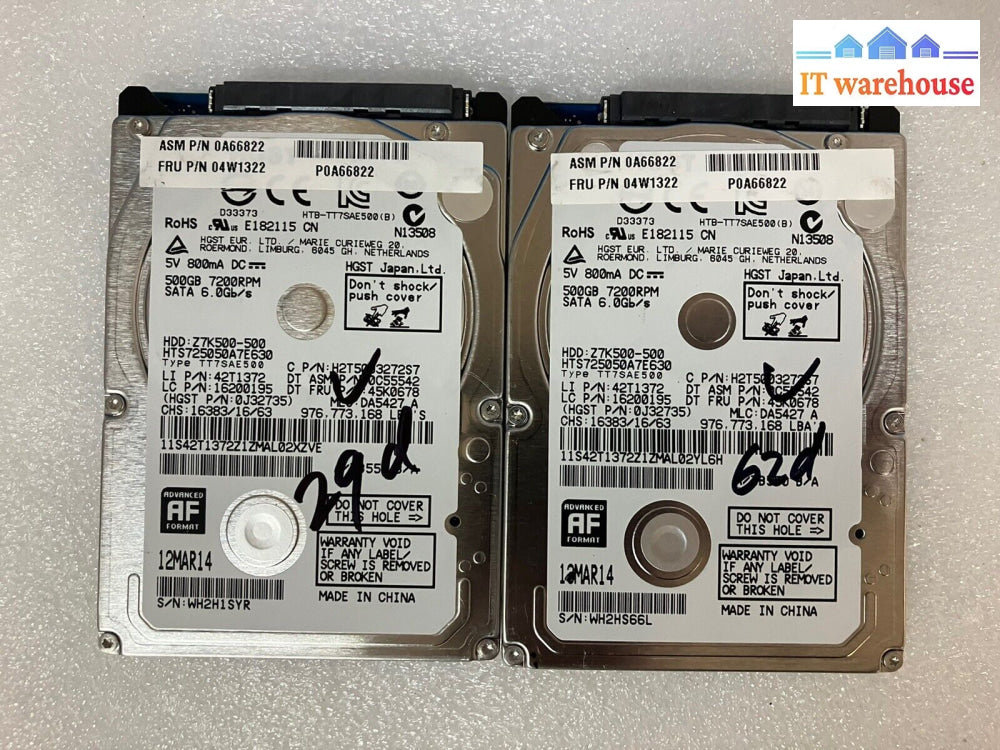 (2X) 7Mm Thin 2.5’ Sata Hgst 500Gb 5.4Krpm Drive Hts7250A7E630 Laptop~