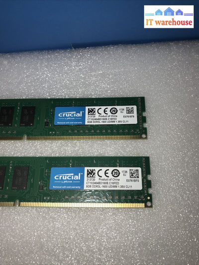 2X 8Gb Crucial Ct192464Bd160B.c16Fed Pc3-16000U Ddr3 Sdram-2000 Udimm Pc Ram