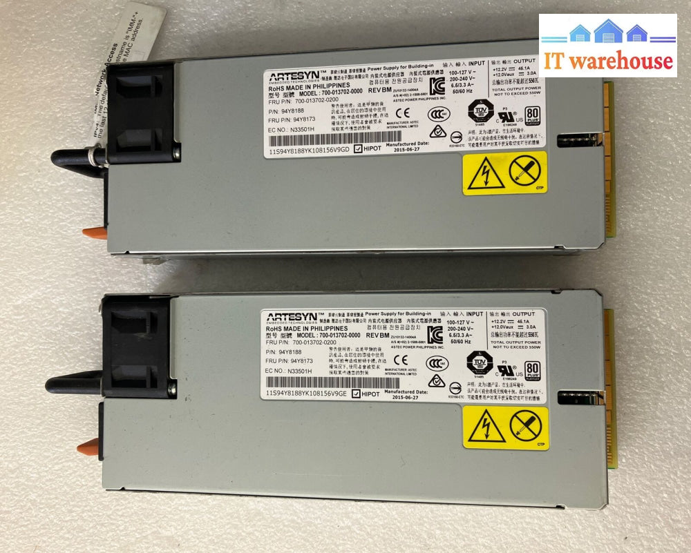 2X Artesyn 80 Plus Platinum 550W Power Supply 700-013702-0200 94Y8188 94Y8173 ~