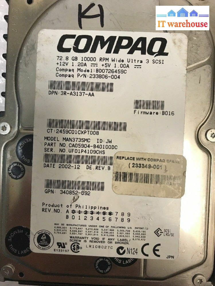 - 2X Compaq 3.5’ 72.8 Gb Wide Ultra 320 Scsi Hard Drive Man3735Mc 233806-004 @@@