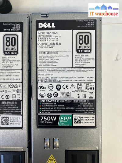 2X Dell 0Xw8W Poweredge R530 R930 R540 T430 T640 750W 80 + Platinum Power Supply~