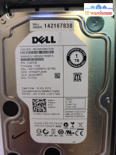 -2X Dell 1Tb 7.2K Rpm 3Gb/S 3.5’ Sata Server Hdd Hard Drive V8Fcr 0V8Fcr Tested