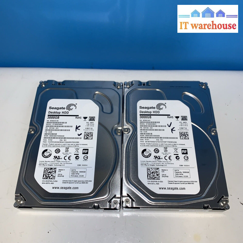 (2X) Dell 3Tb St3000Dm001 64Mb 7200Rpm Sata Iii 3.5’ 0K3Pk8 (1000Days Remaining)