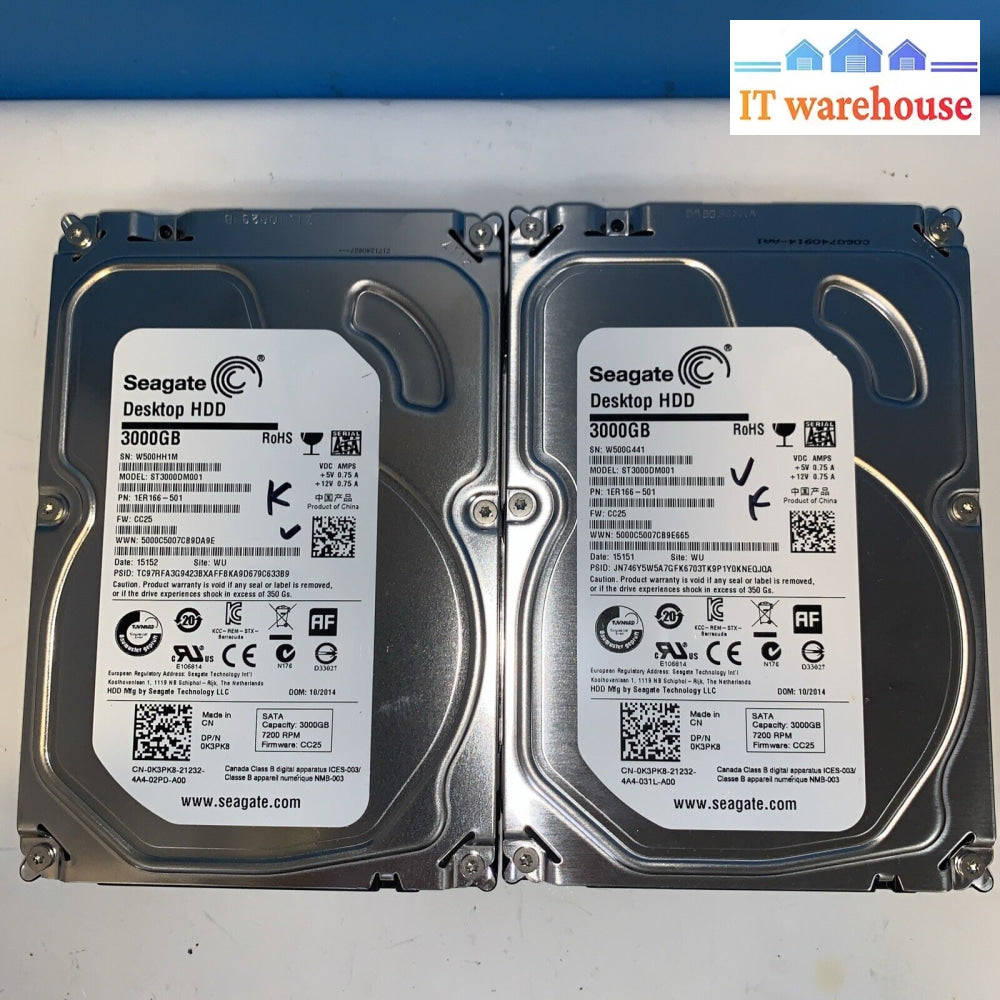 (2X) Dell 3Tb St3000Dm001 64Mb 7200Rpm Sata Iii 3.5’ 0K3Pk8 (1000Days Remaining)