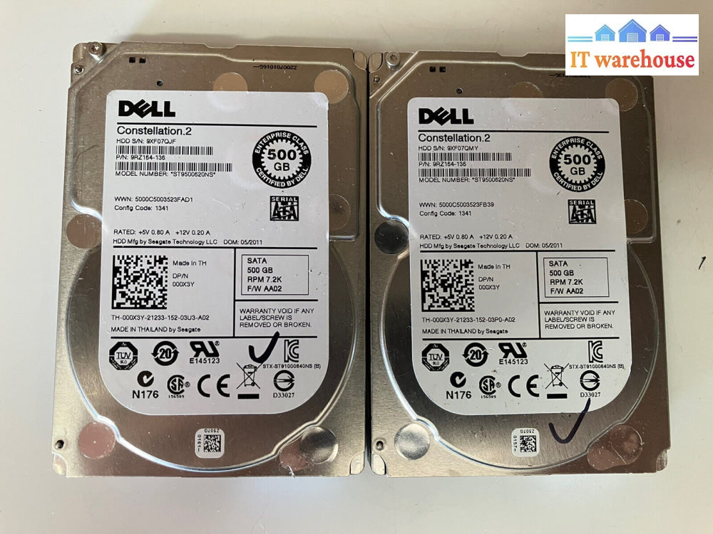 ~ 2X Dell Constellation.2 St9500620Ns 500Gb 2.5” Hard Drive