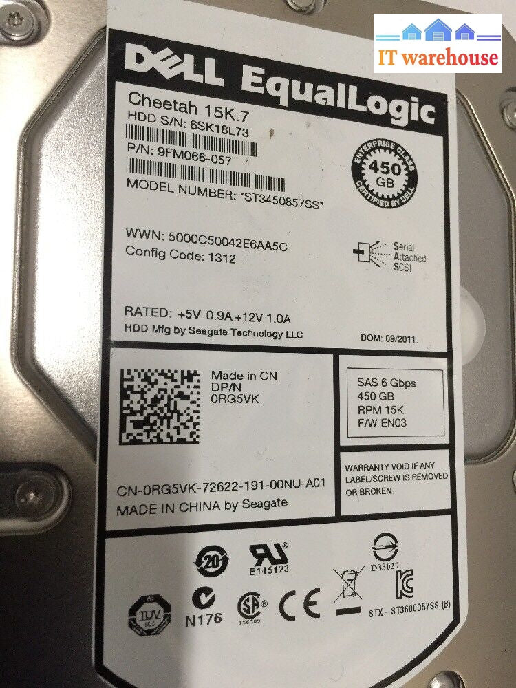 - 2X Dell Equallogic 450Gb 15K.6 6Gb Sas 3.5’ Hdd St3450857Ss Rg5Vk 9Fm066 @@@