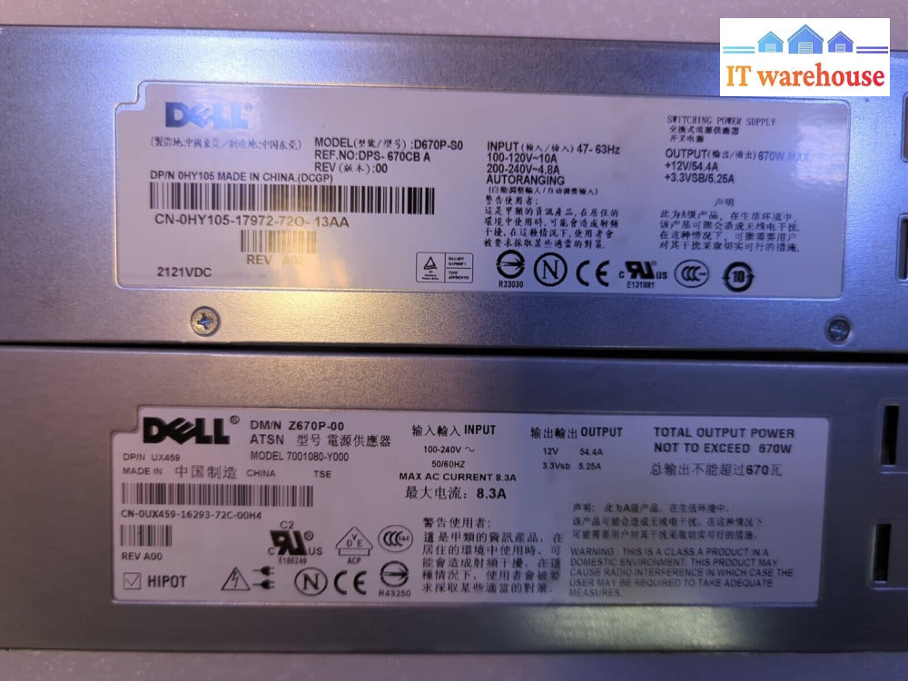 2X Dell Poweredge 1950 Server D670P-S0 Z670P-00 Hy105 Ux459 670W Power Supply -