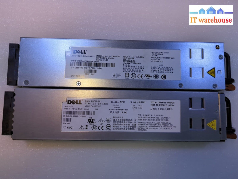 2X Dell Poweredge 1950 Server D670P-S0 Z670P-00 Hy105 Ux459 670W Power Supply -