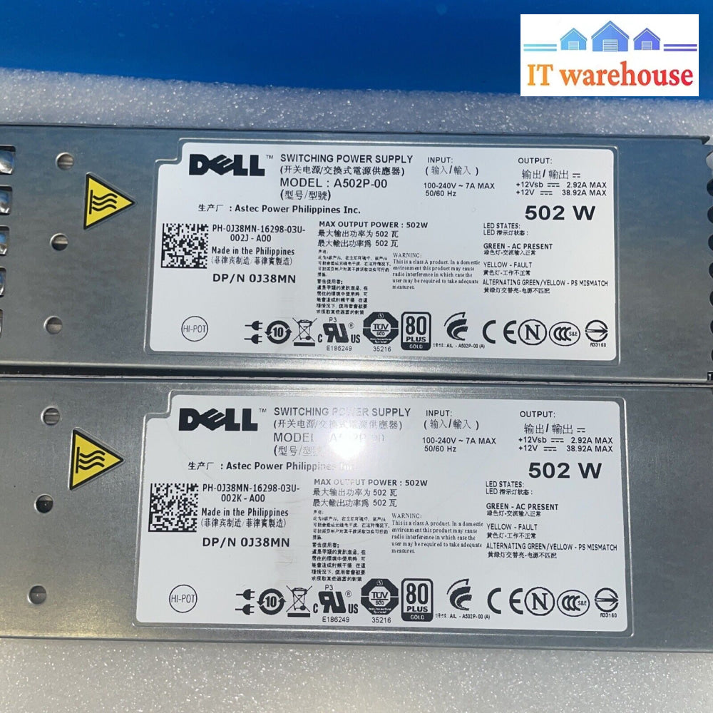 (2X) Dell Poweredge R610 Power Supply 502W 0Fvyv A717P A502P Ky091 J38Mn Dxwmn