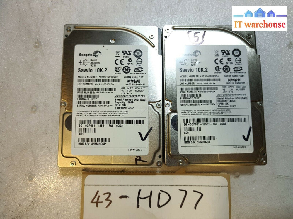 - 2X Gp881 9F6066 Dell 146Gb 3Gb/S 10K Rpm Sas 2.5-Inch Hard Drive Tested