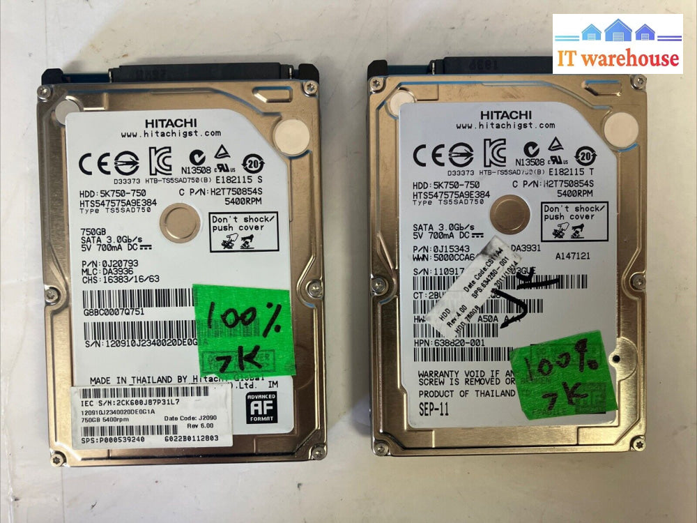 (2X) Hitachi H2T750854S 750Gb Sata 2.5’’ Hard Drive 5400Rpm (1000 Days Remain) ~