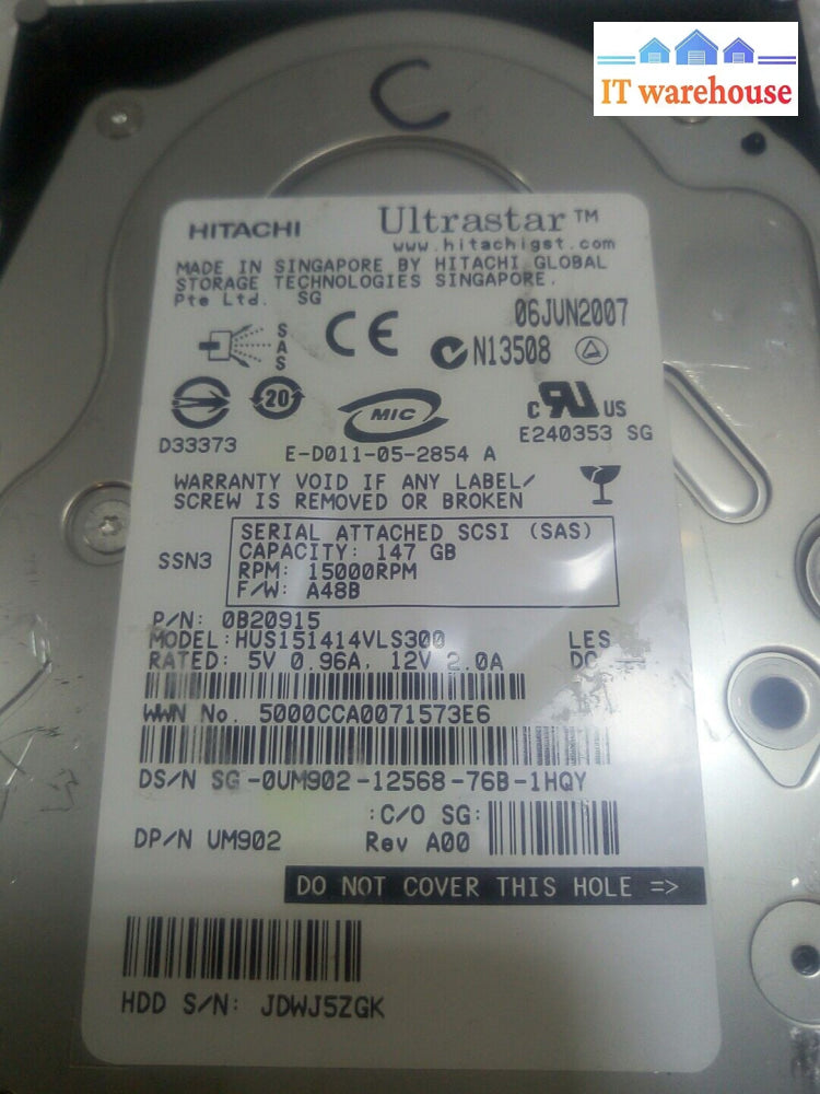 - 2X Hitachi Ultrastar 147Gb 15000Rpm Sas Hdd Hus151414Vls300 0B20915 0Um902 @@@