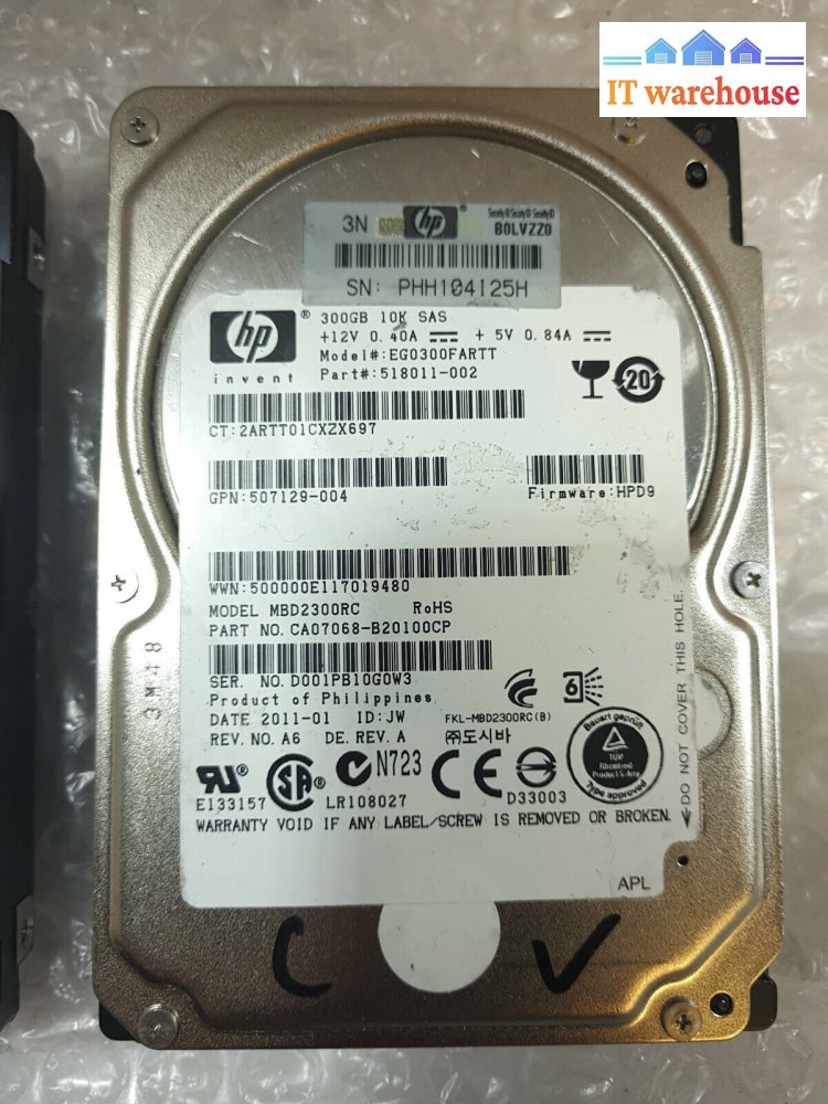 - 2X Hp 300Gb 10K Sas 2.5’ 507129-004 518011-002 Ca07068 Hard Disk Drive