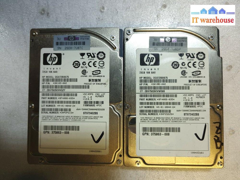 - 2X Hp 430165-002 | Dg072Bb975 72Gb 10000Rpm 2.5’ Sas Hard Drive Tested