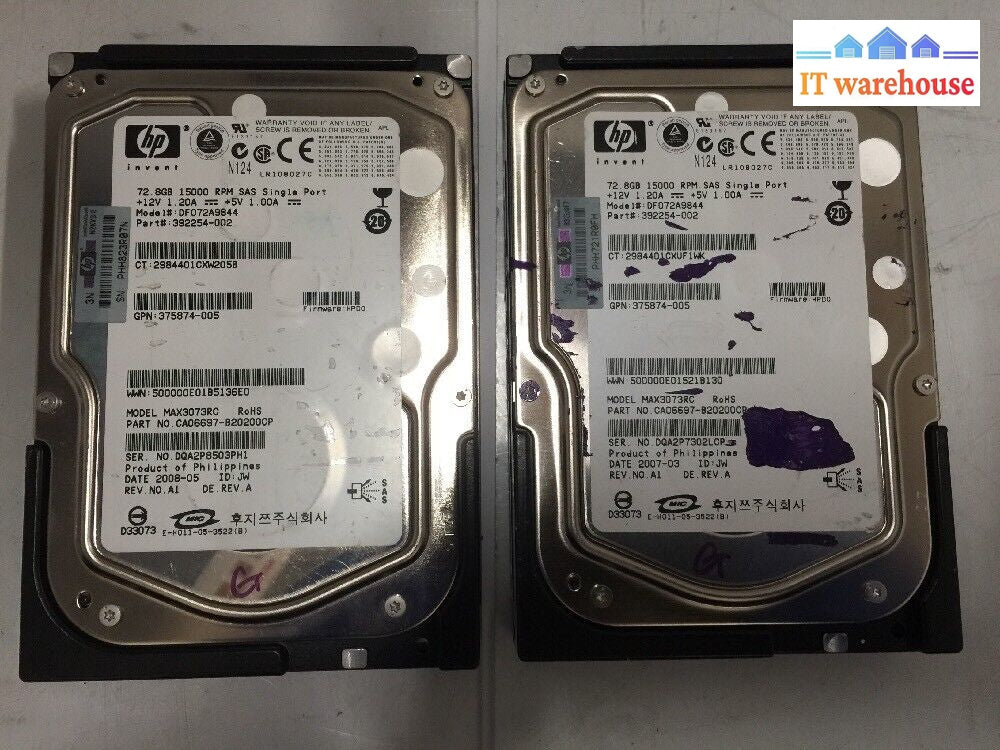 - 2X Hp 72Gb 15000Rpm 3.5’ Sas Server Hdd Max3073Rc Ca06697 392254-002 @@@