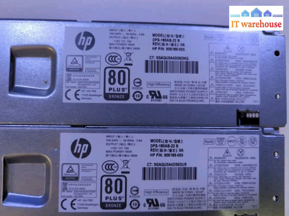 2X Hp 906189-003 Dps-180Ab-22 Prodesk 400 G4 180W Psu Power Supply -