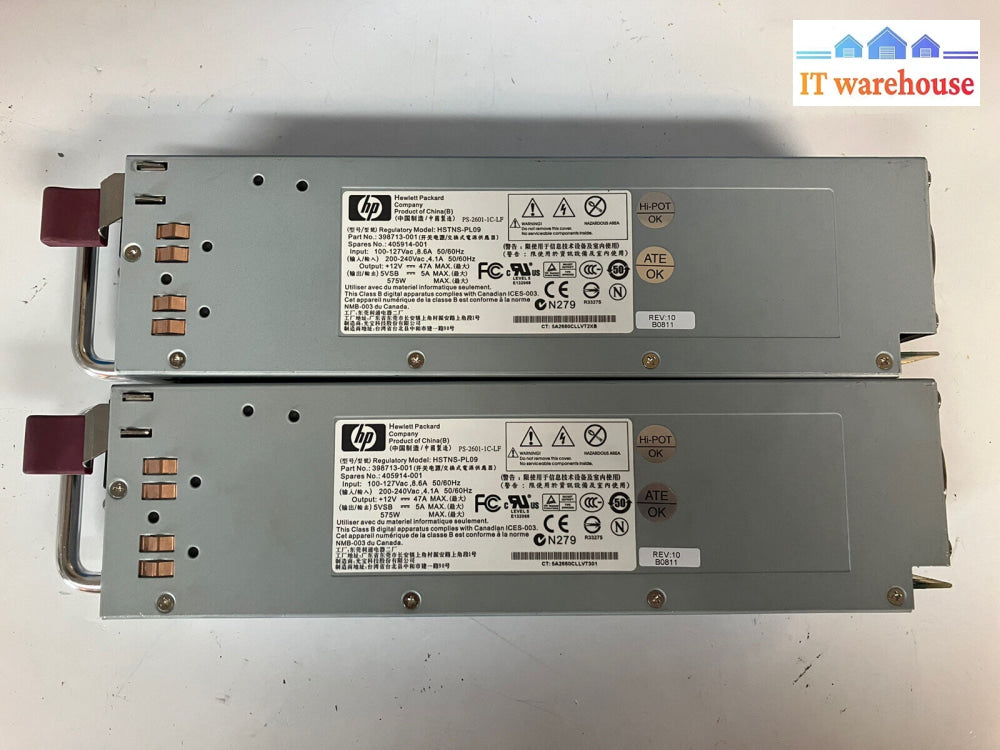 ~ 2X Hp Hstns-Pl09 398713-001 405914-001 Ps-2601-1C-Lf 575W Server Power Supply