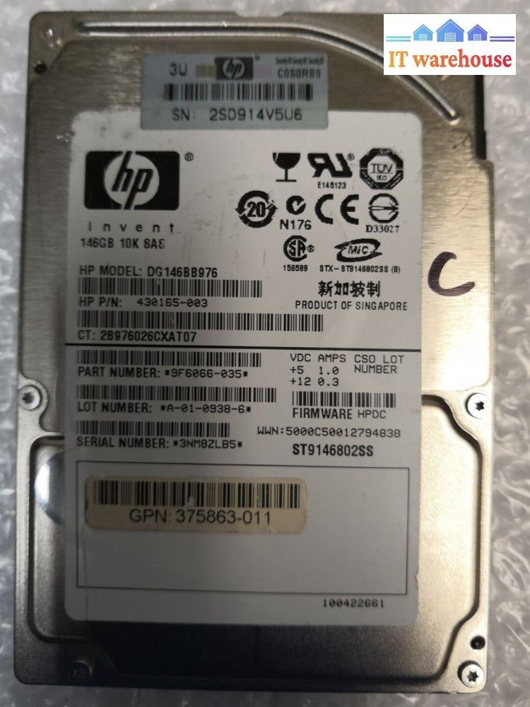 - 2X Hp Sas 146Gb Dg146Bb976 10K 2.5’ Hard Drive 430165-003 9F6066-035