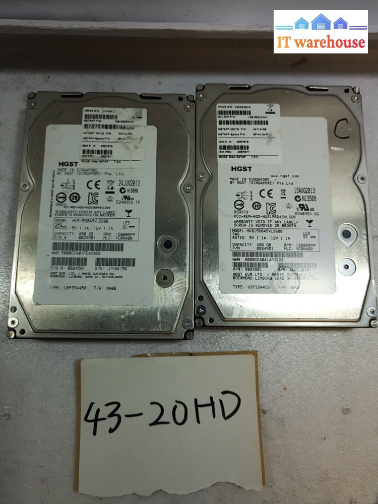 - 2X Ibm 45E7975 45E7977 Netapp X411A-R6 450Gb 15K Rpm Sas Hdd 108-00233 + A1