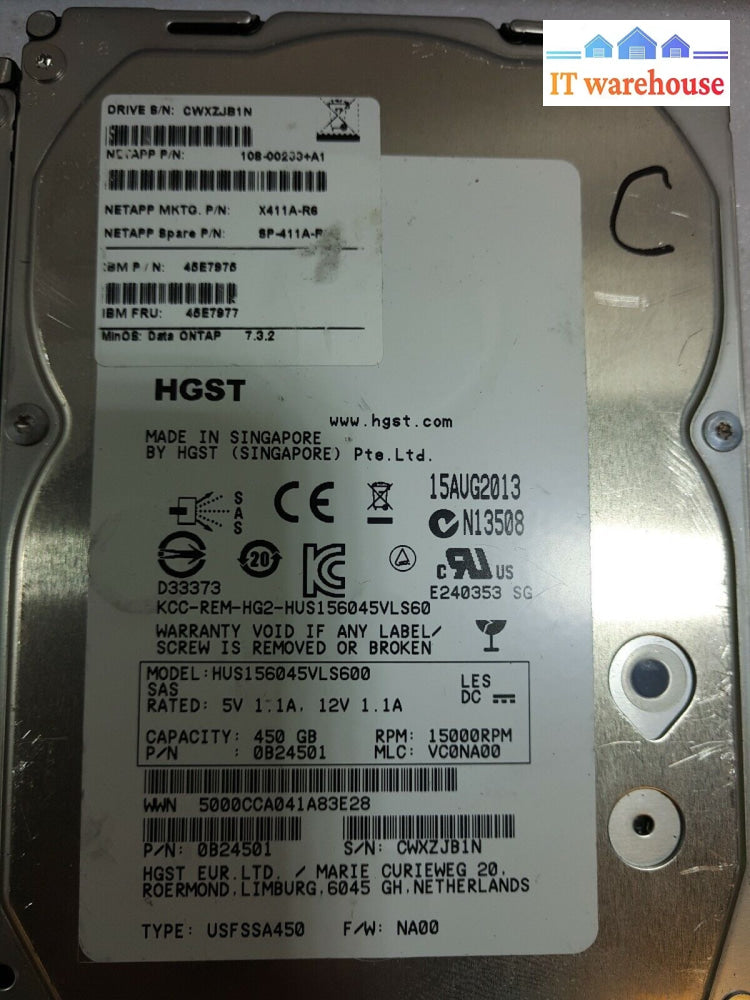 - 2X Ibm 45E7975 45E7977 Netapp X411A-R6 450Gb 15K Rpm Sas Hdd 108-00233 + A1