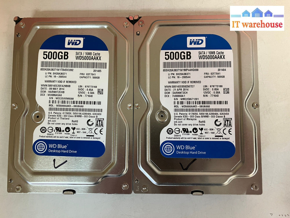 ~ 2X Western Digital Blue 03T7041 3.5’ 500Gb Sata Hard Drive Wd5000Aakx 7200 Rpm