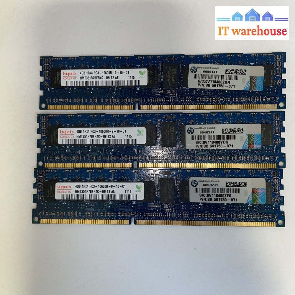 3* Hynix 4Gb 1Rx4 Pc3-10600R Ddr3 1333Mhz 1.5V Ecc Registered Memory Ram 1X4G