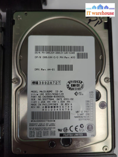 3Fujitsu Dell Maj3182Mc 085Juh 18Gb 10000Rpm 4Mb U160 Scsi Hard Drives W/Caddy-